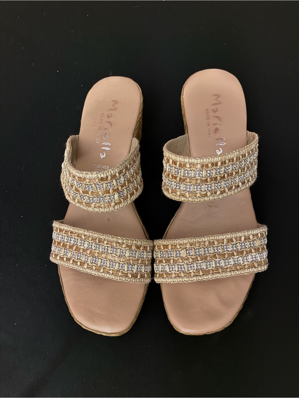 Mariella talian silver chain woven beige strap wedge sandals Sz 7 wide-friendly